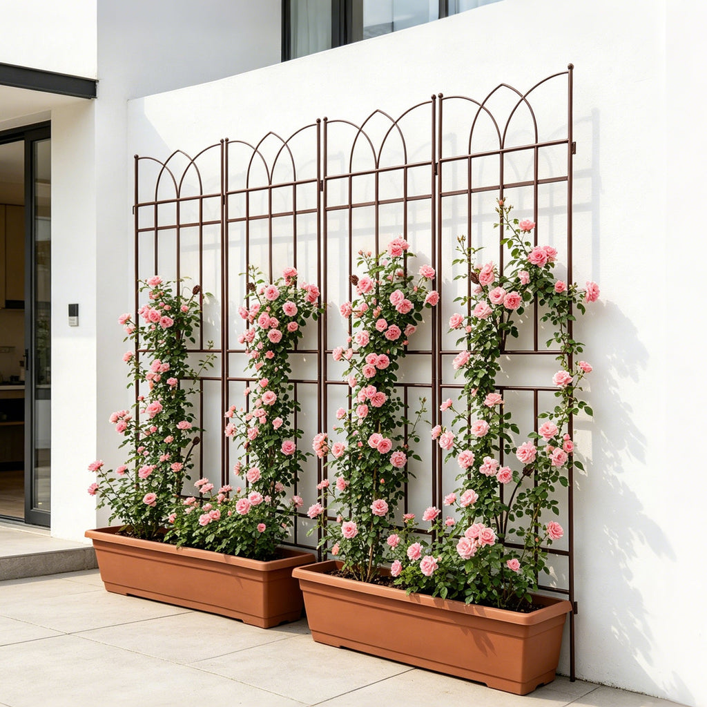 4 Pack Metal Garden Trellis with Rustproof Iron Support - Brown or Black