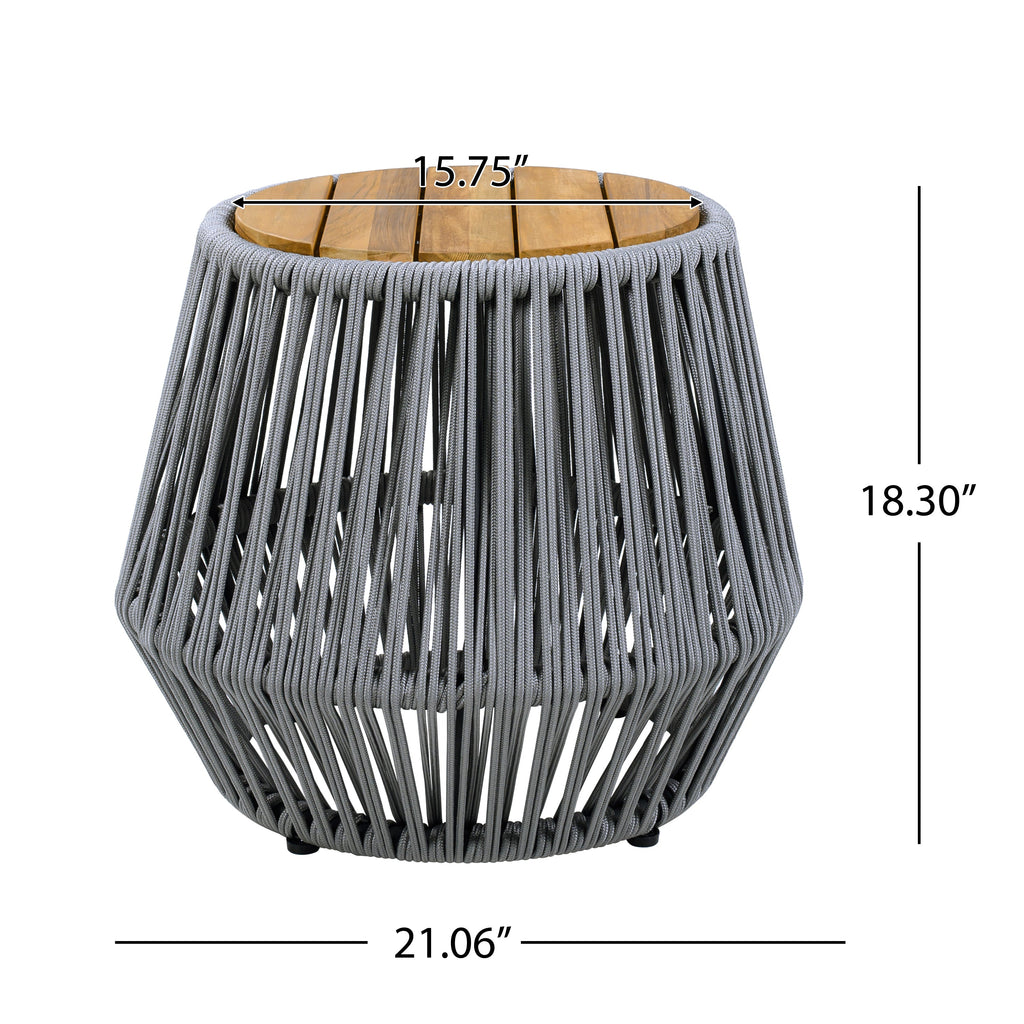 Acacia Wood Side Table with Grey Rope Design - Grey, Teak