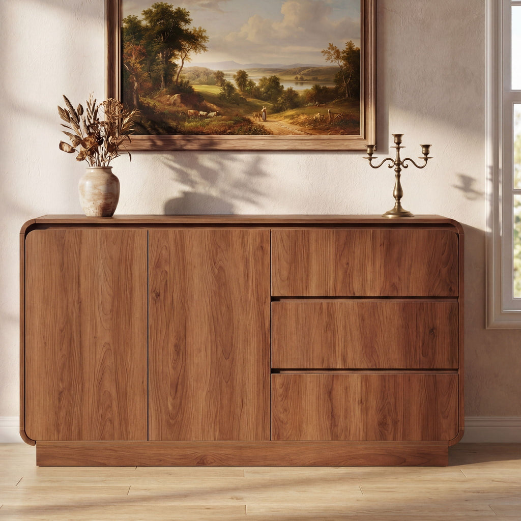 Wide Storage Sideboard with 2 Doors and 3 Drawers - White or Light Brown
