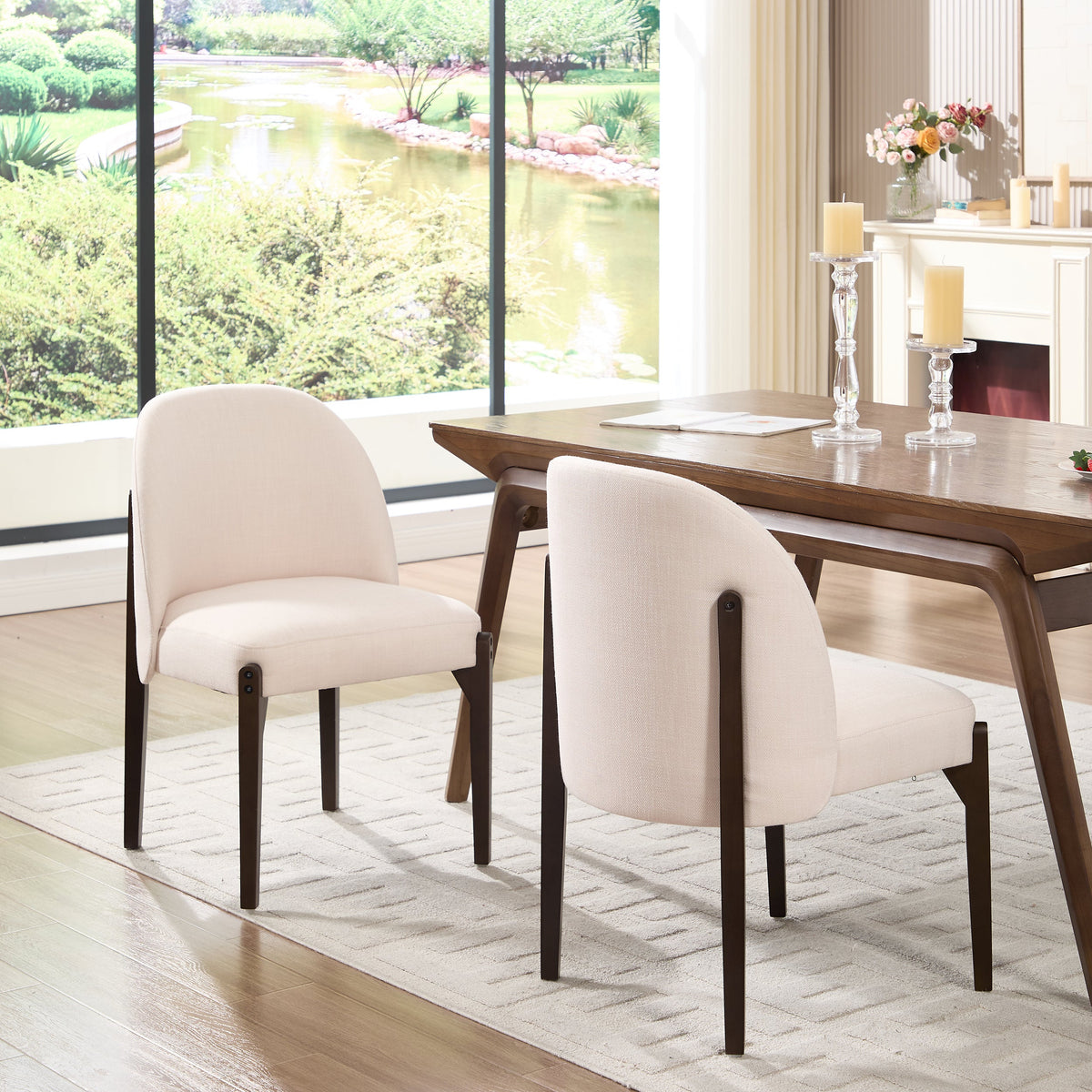 Wooden Dining Chairs Set of 2 with Fabric Upholstery - Beige