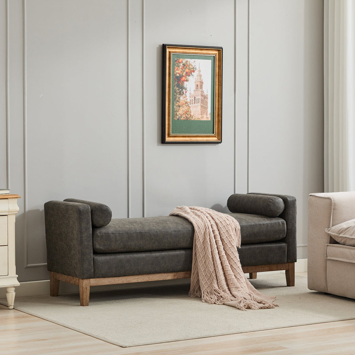 65.5"W Upholstered End of Bed Bench with Weathered Finish