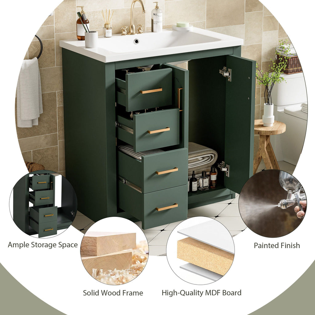 Ceramic Sink Vanity Combo with 3 Drawers and Soft Closing Doors - 30"
