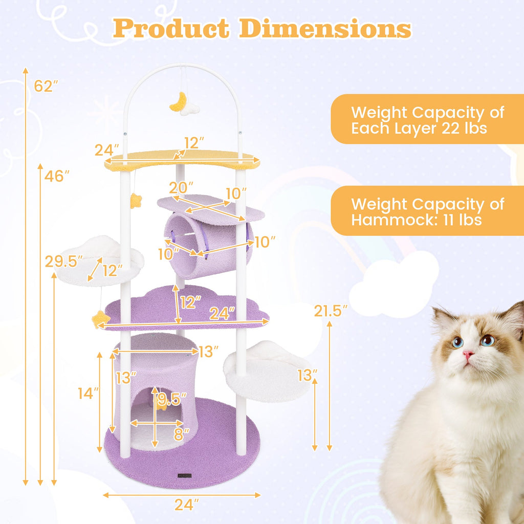 62 Inches Large Cat Tower with Metal Frame and Jumping Platforms-Purple