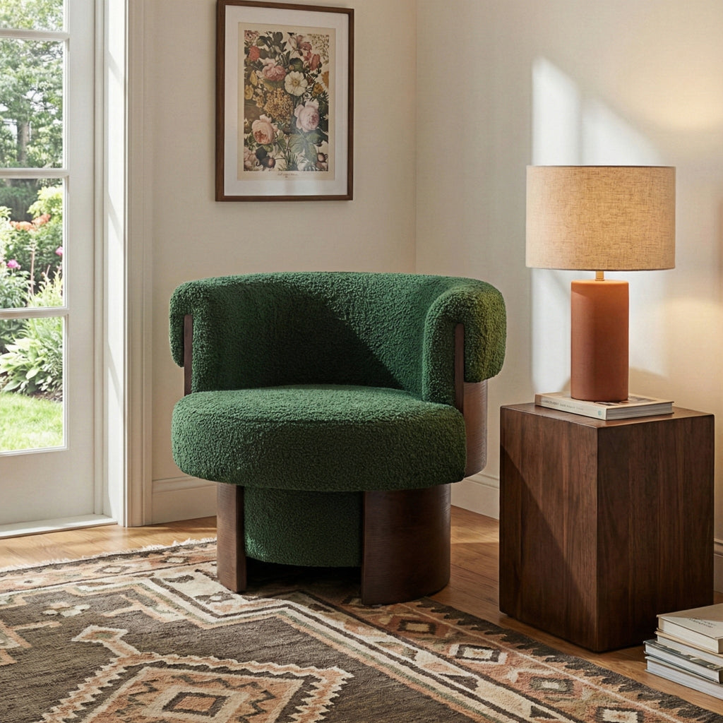 Modern 32" Wide Curved Sculptural Swivel Barrel Chair with 360° Swivel - Boucle