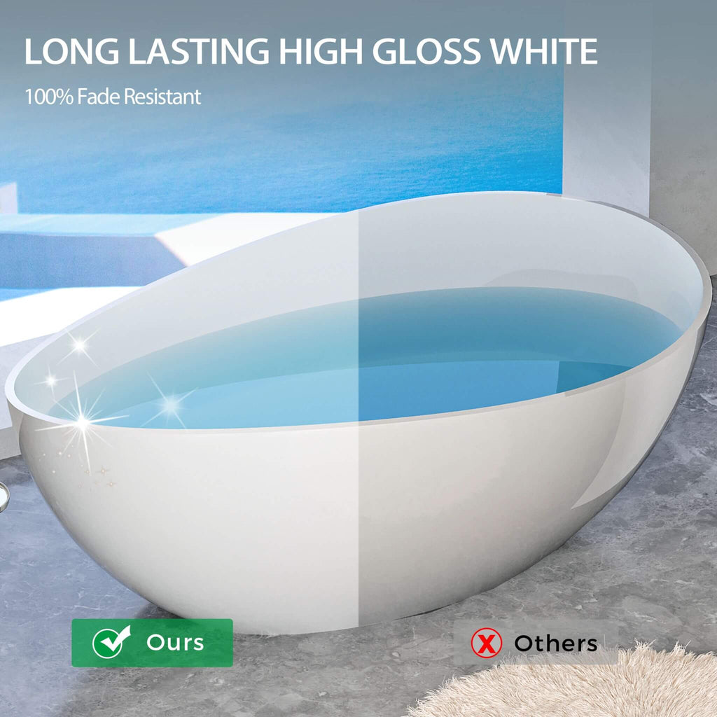 63-Inch Freestanding Glossy White Stone Resin Bathtub With Overflow And Drain (SAK42613)