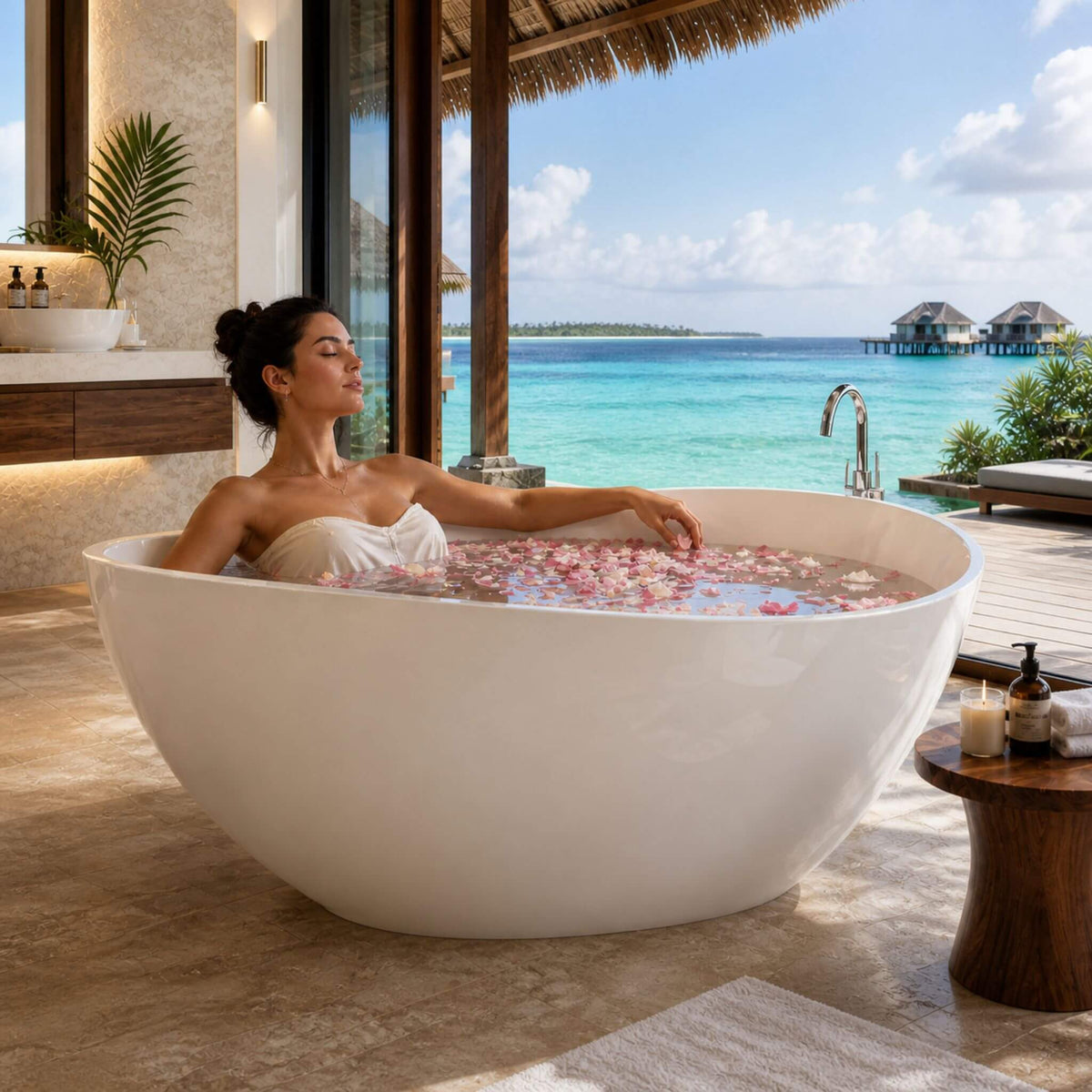 63-Inch Freestanding Glossy White Stone Resin Bathtub With Overflow And Drain (SAK42613)