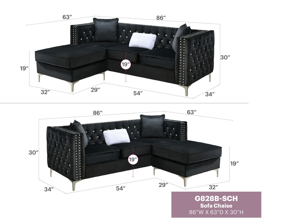 Sofa Chaise with Faux Jewel Tufting - Multiple Colors