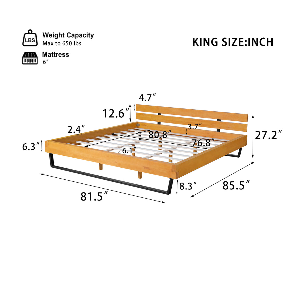 Pine Wood King Bed Frame with Iron Accents - Natural/Black