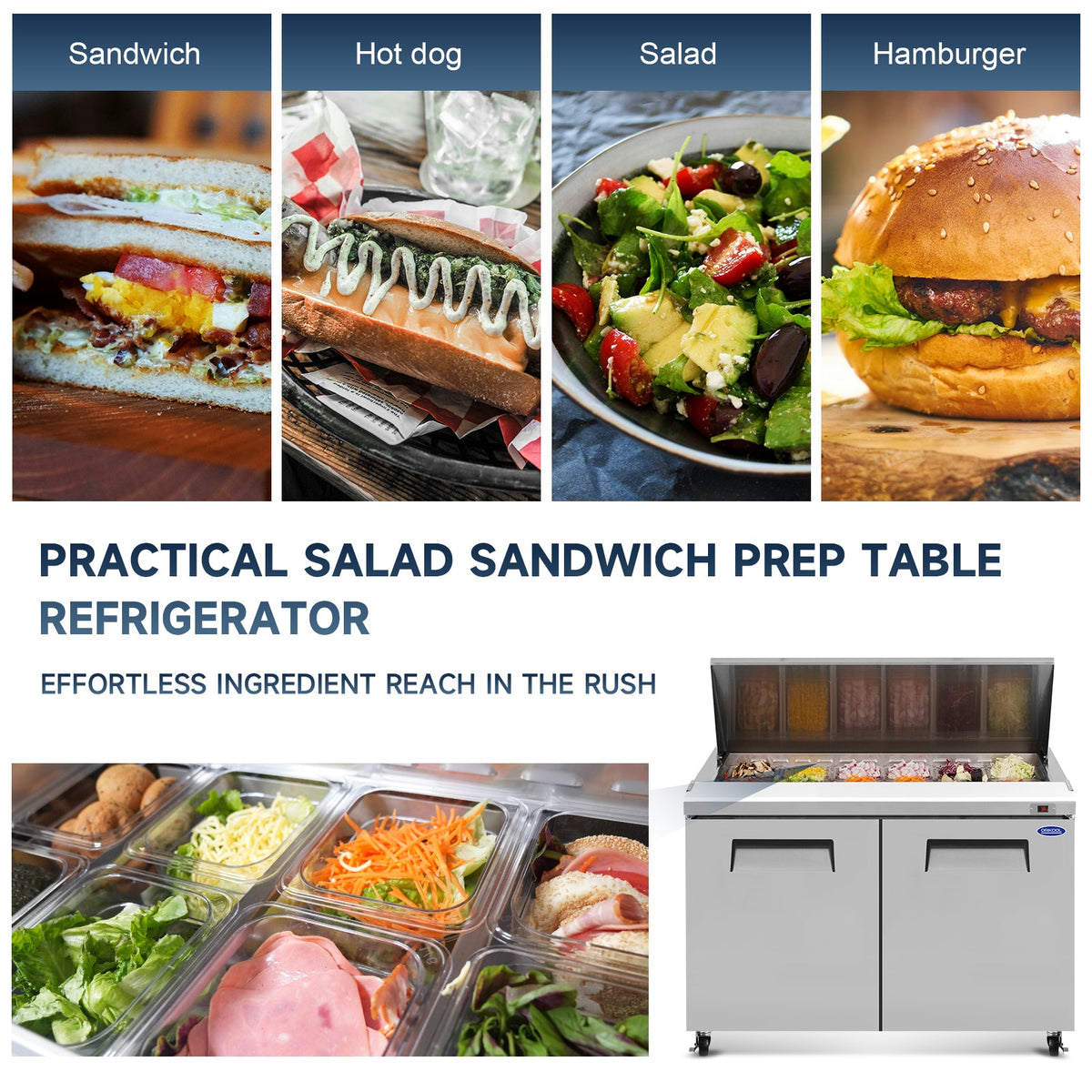48 Inch Sandwich & Salad Prep Table with Butcher Block Cutting Board - Stainless Steel