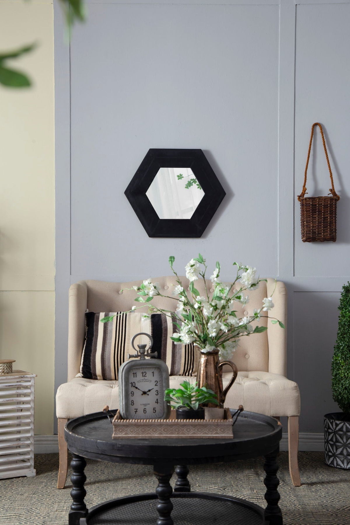Hexagon Accent Mirror with Solid Teak Wood Frame - Light Brown, Dark Brown, Black