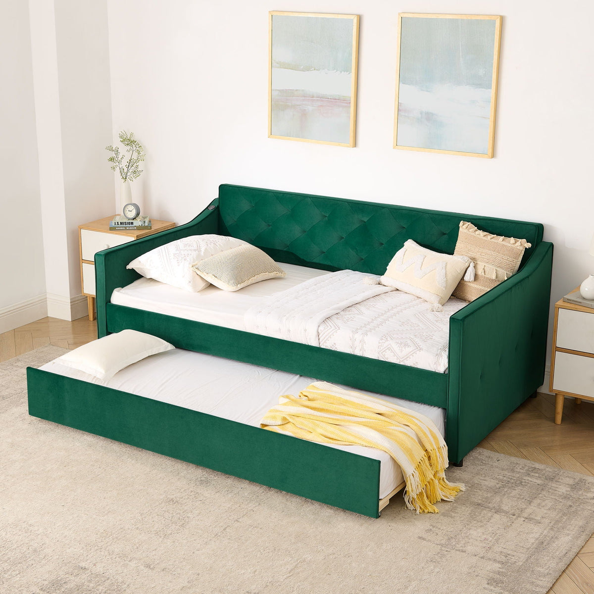 Twin Trundle Bed with Pop Up Trundle and USB Charging Armrest - Multiple Colors