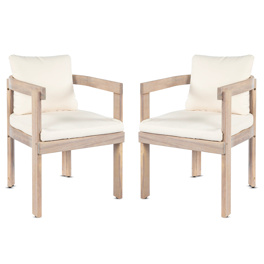 Acacia Wood Dining Chairs Set of 2 with Armrests and Cream Cushions