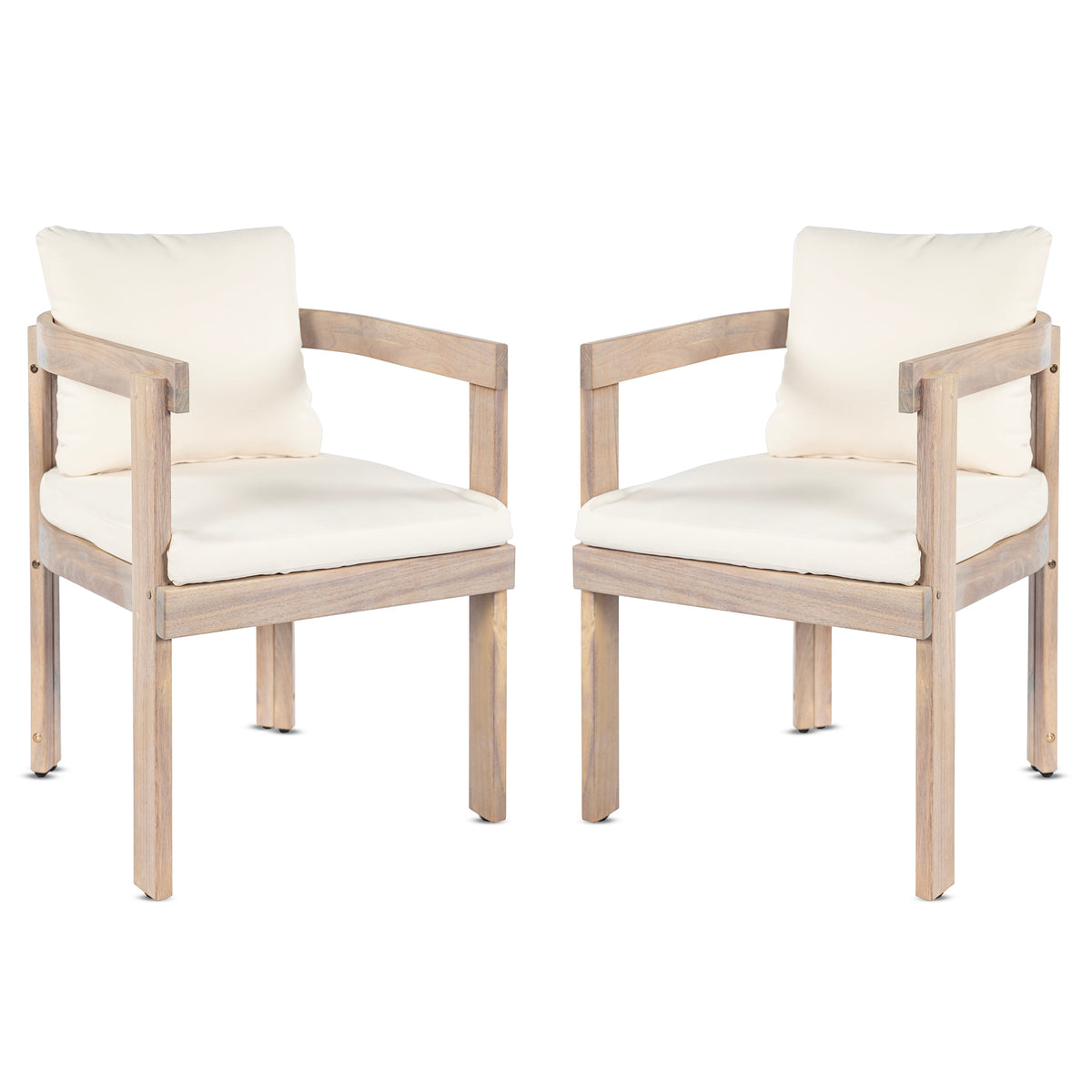 Acacia Wood Dining Chairs Set of 2 with Armrests and Cream Cushions