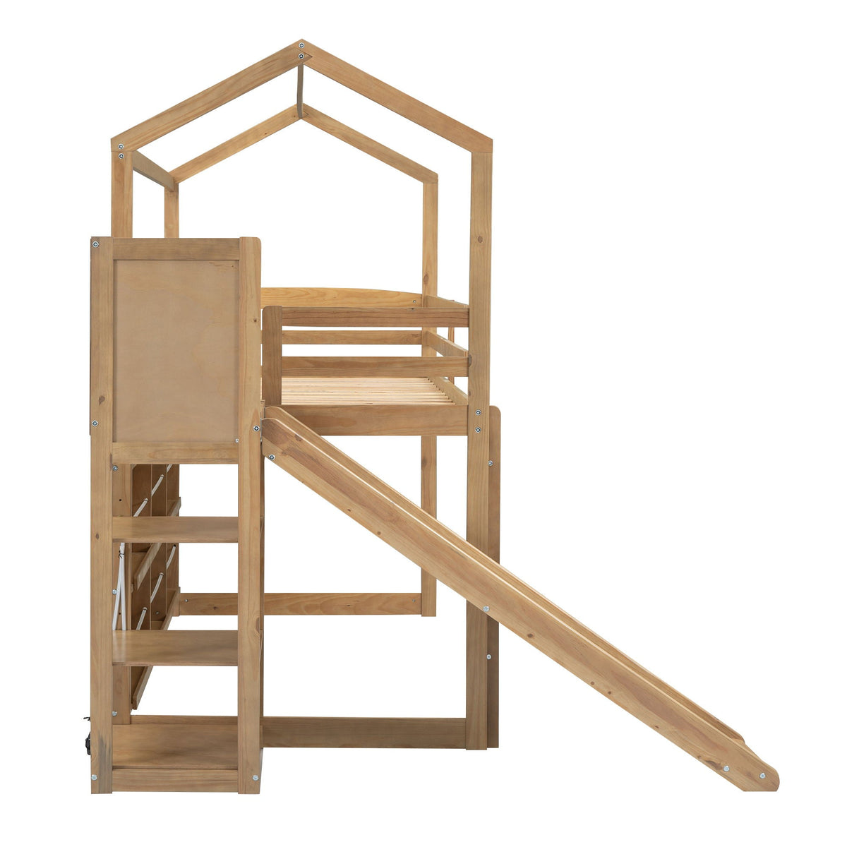 House Loft Bed with Slide and Storage Shelves - Twin with Light