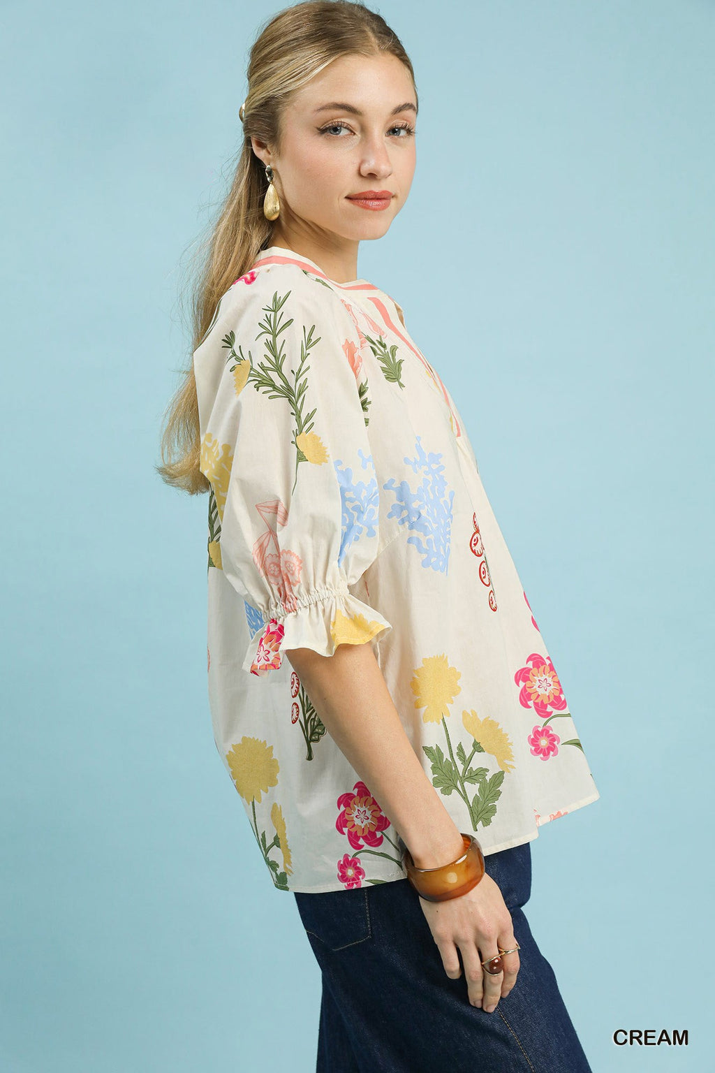 Umgee Floral Split Neck Puff Sleeve Top