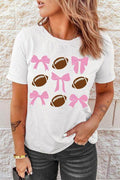 Football & Bow Round Neck Short Sleeve T-Shirt for Women