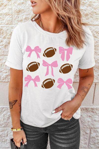 Football & Bow Round Neck Short Sleeve T-Shirt for Women