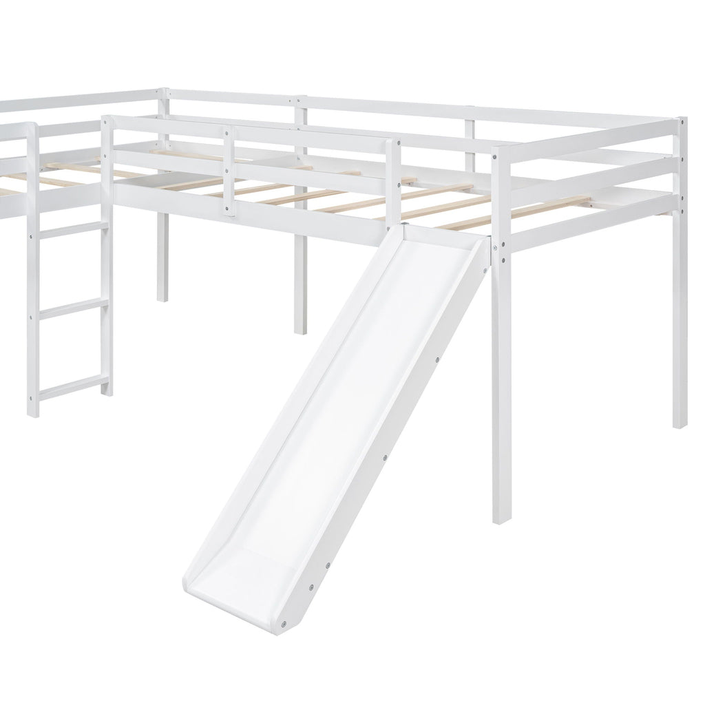 L Shaped Loft Bed with Slide and Ladder - Twin Size, Solid Wood - White or Dark Gray