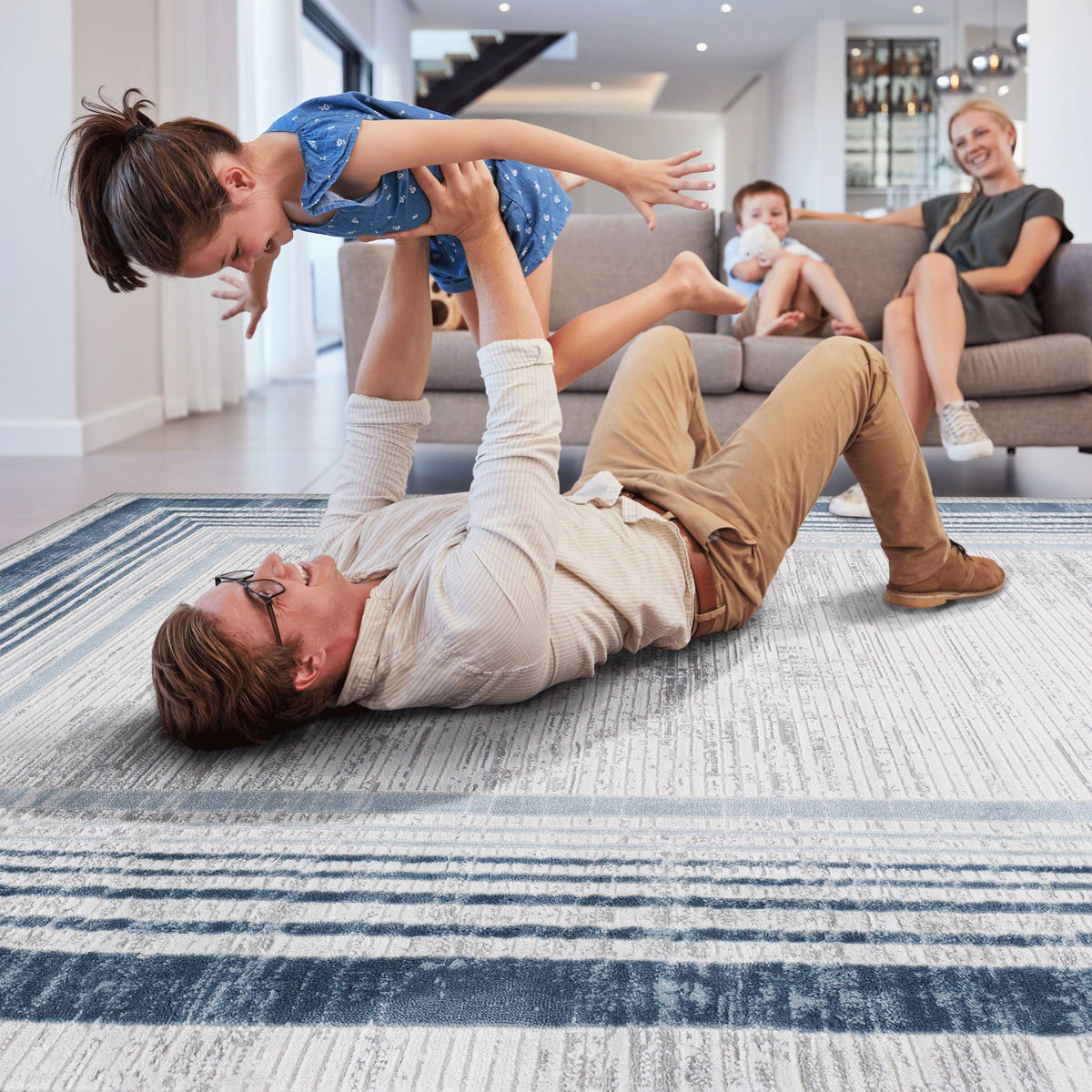 Bordered Area Rug with Stain Resistance - Blue or Light Brown