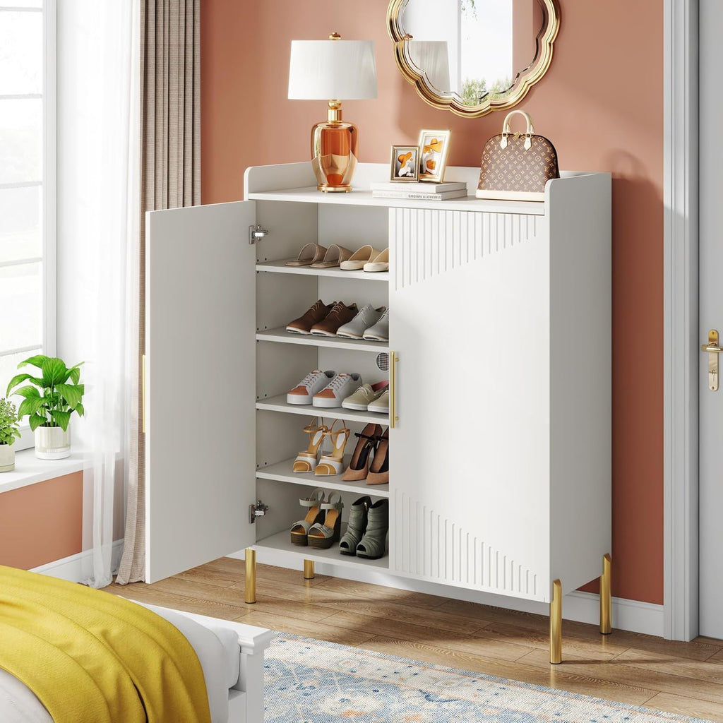 6 Tier Entryway Shoe Cabinet with Doors - Wood & Metal - Light Brown or White