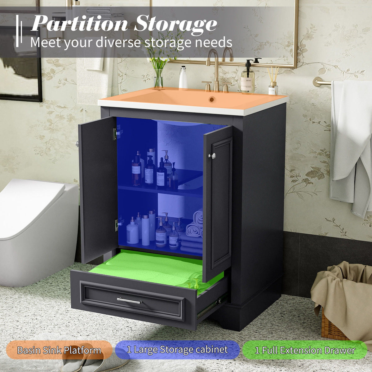 Modern Bathroom Vanity with Ceramic Sink Combo and Storage Cabinet - Multiple Colors