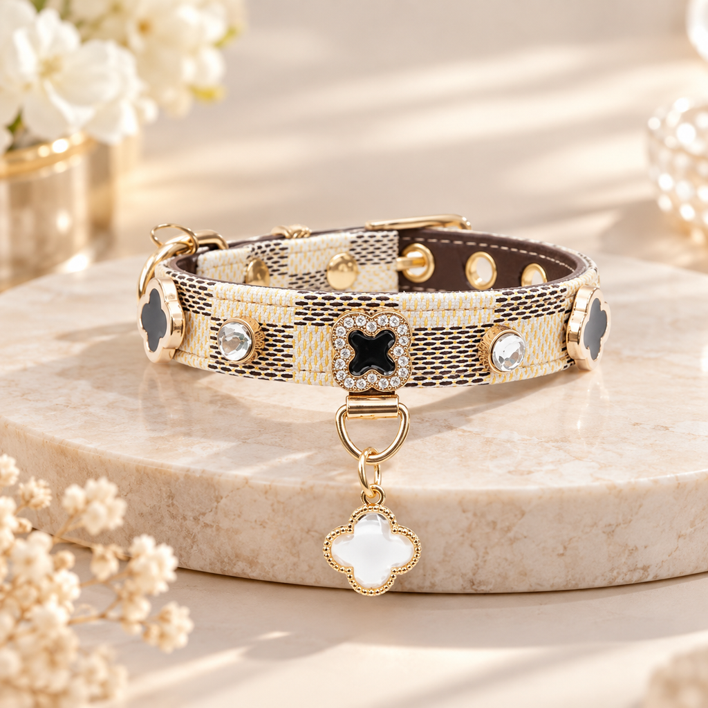 Clover Rhinestone Leather Pet Collar