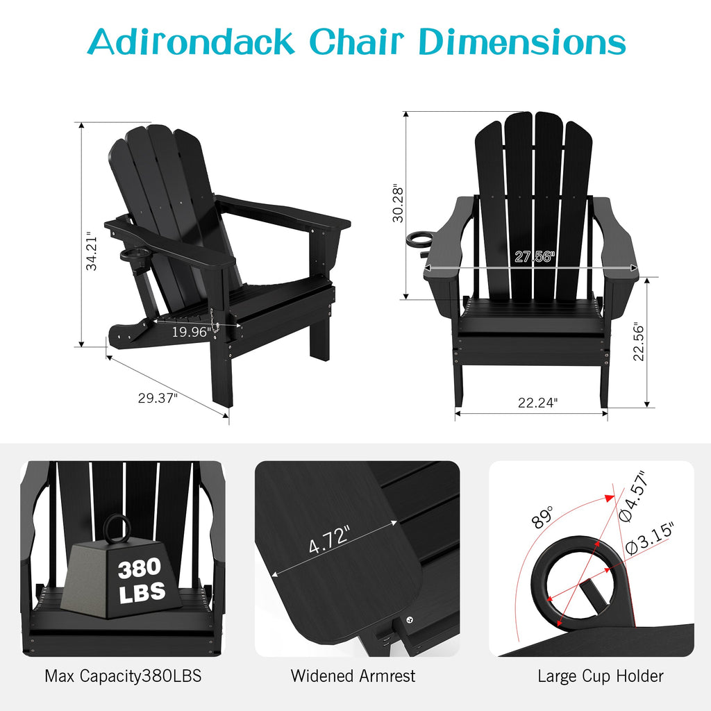 Black Folding Adirondack Chair with Cup Holder - HDPE Outdoor Patio Seating