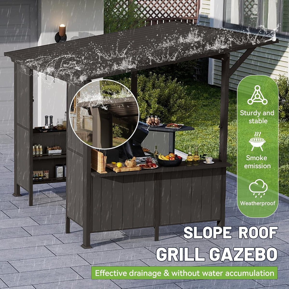 9x10FT Hardtop Grill Gazebo with Storage Shelves - Brown Steel