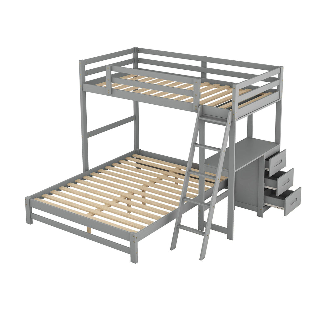 Bunk Bed with Built-In Desk and 3 Drawers - Twin over Full