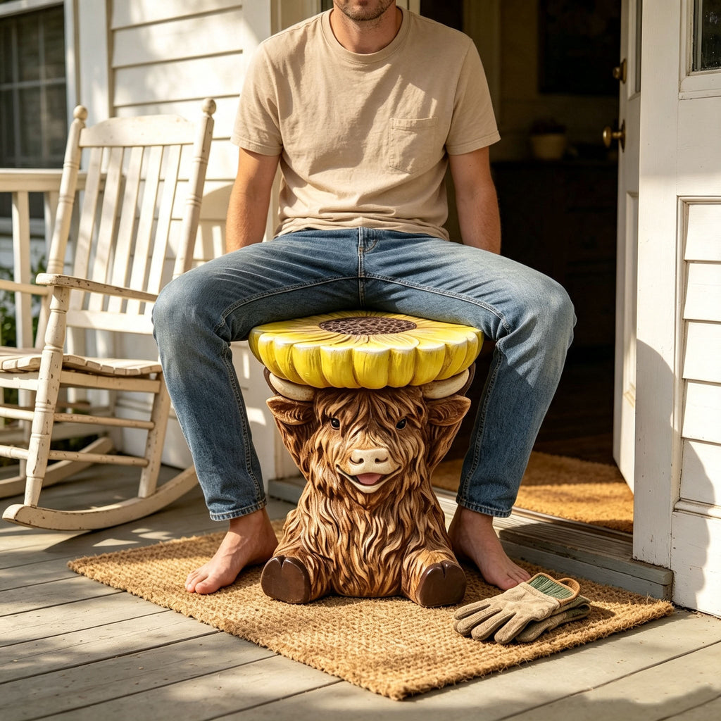 Highland Cow Stool with Sunflower Top - Resin Farmhouse Stool
