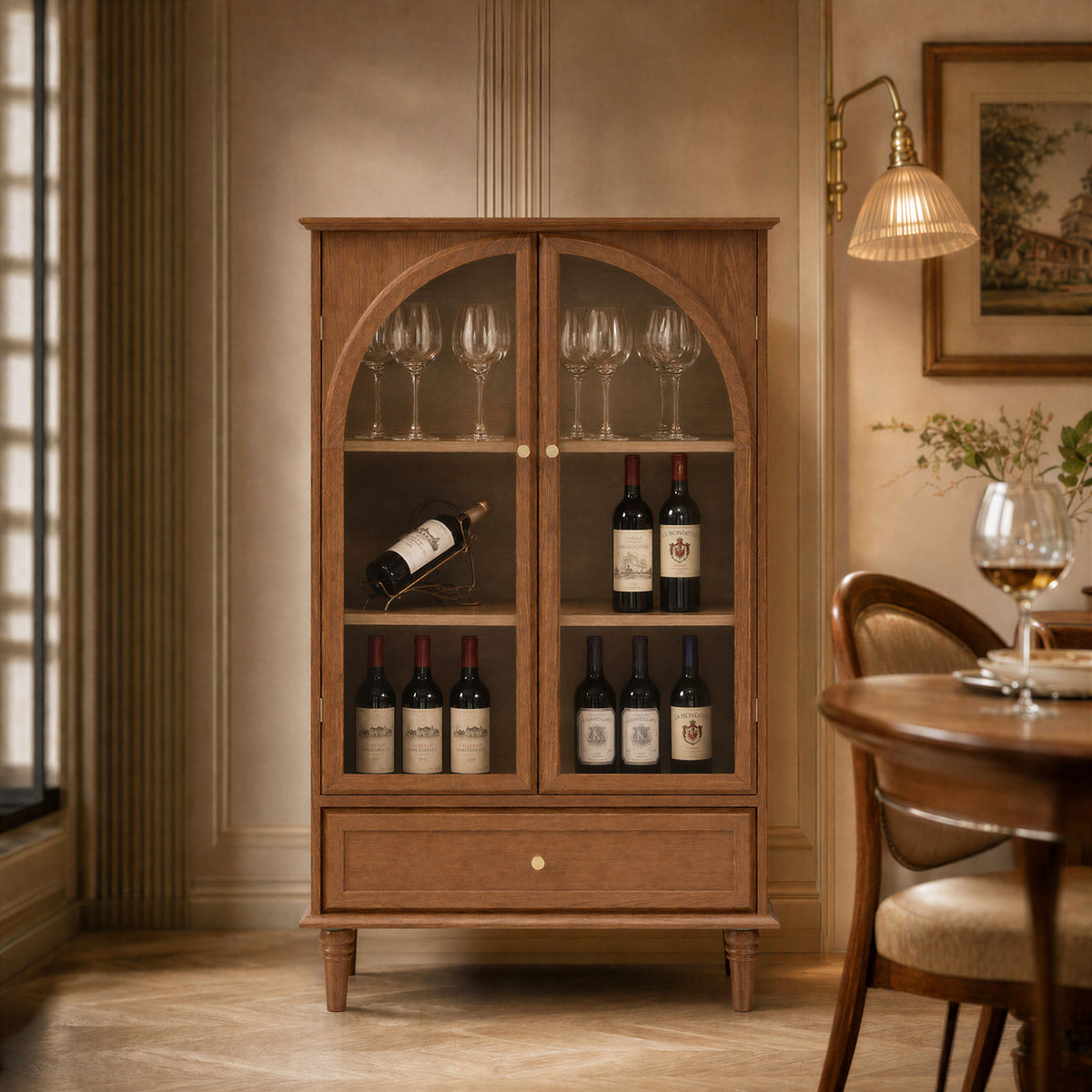 Vintage Farmhouse Arched Glass Accent Cabinet with Arched Glass Doors - Antique Glaze