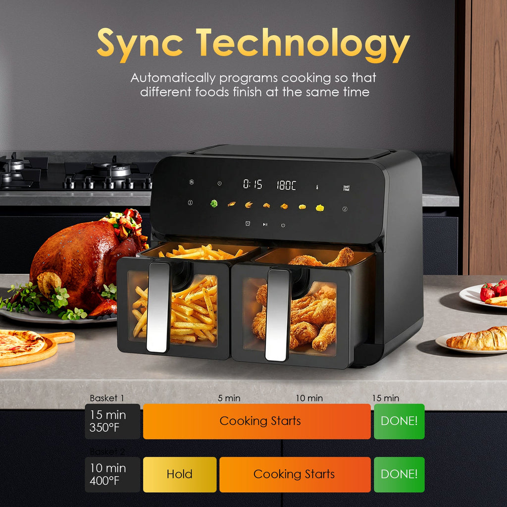 10QT Dual Air Fryer with Double Basket Design and SyncCook - Stainless Steel