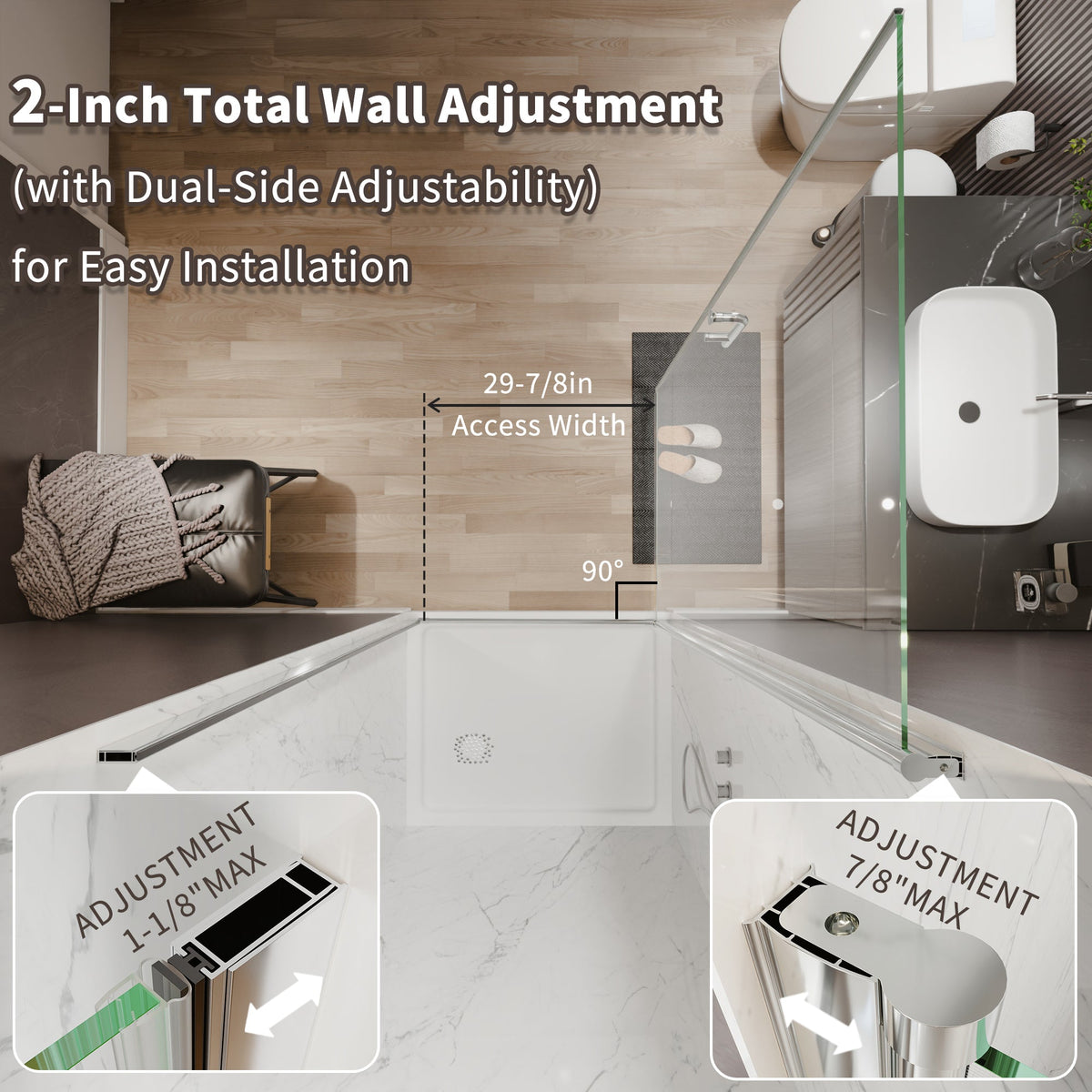 34 to 36 Inch Semi-Frameless Pivot Shower Door with Adjustable Reversible Design - Silver