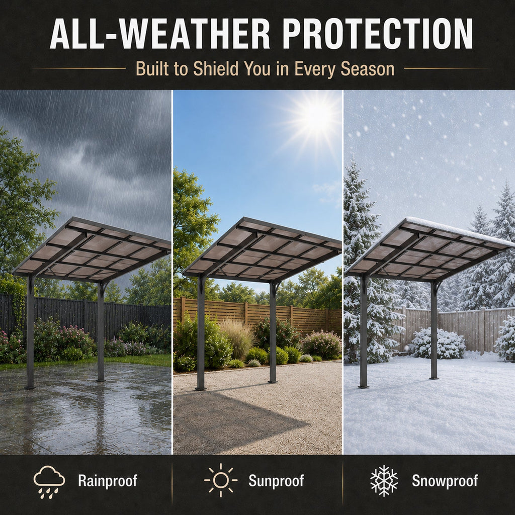 8x8FT Outdoor Carport with Galvanized Steel Frame and Sloped PC Roof - Black