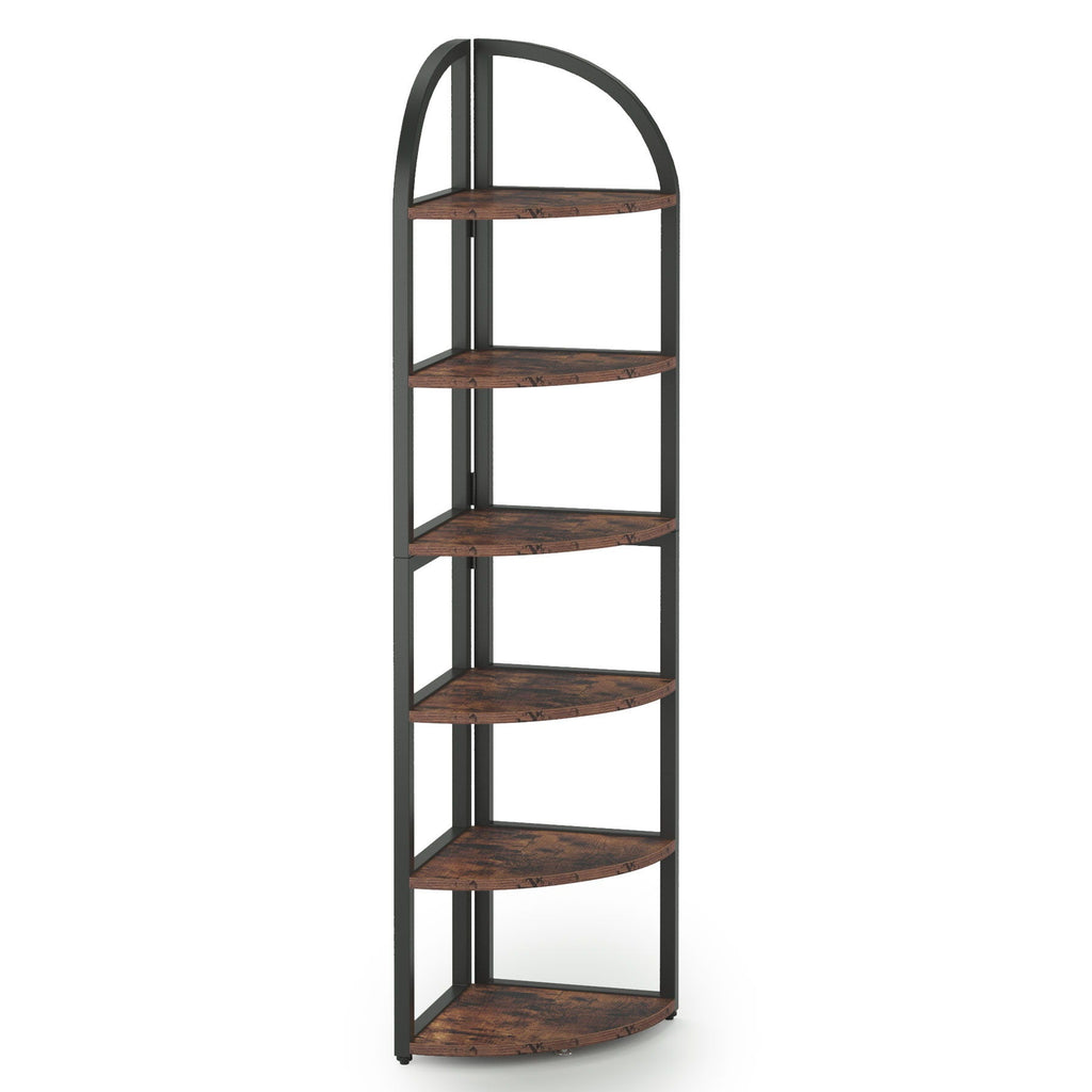 Tall 6 Tier Corner Shelf with Sturdy Metal Frame - Rustic Brown