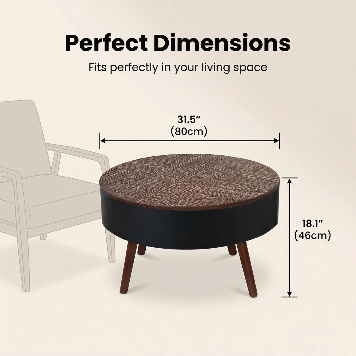 Round Coffee Table with Storage Function - Carved Wood Top - Dark Brown or Black