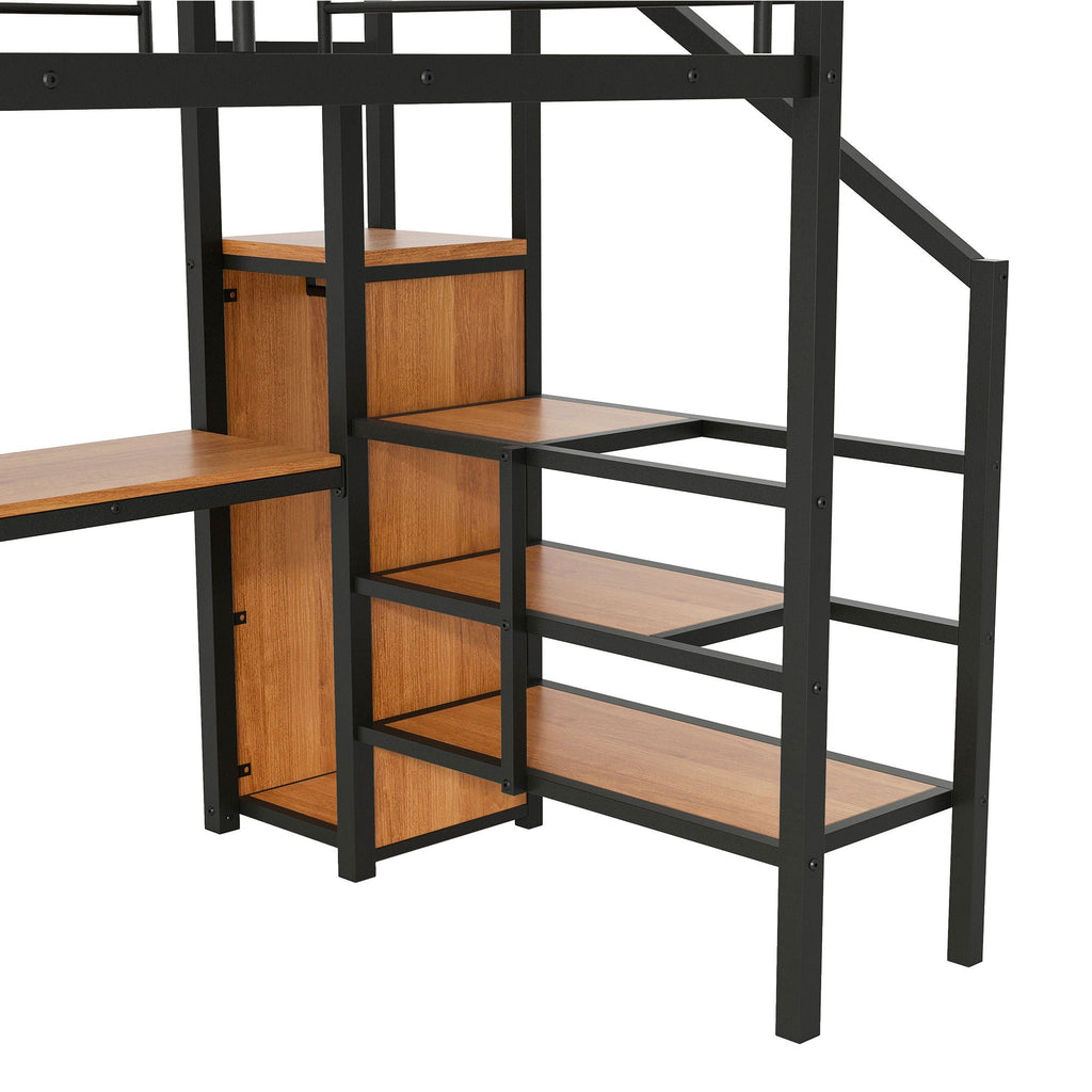 Full Size Loft Bed with Desk, Storage Staircase & Wardrobe - Black or White