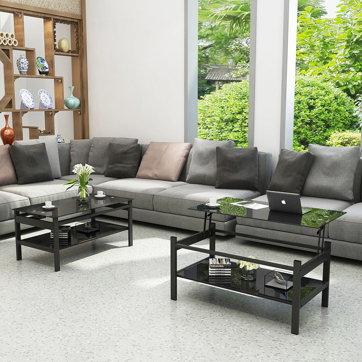 Glass Lift Top Coffee Table with Storage Shelf - Black