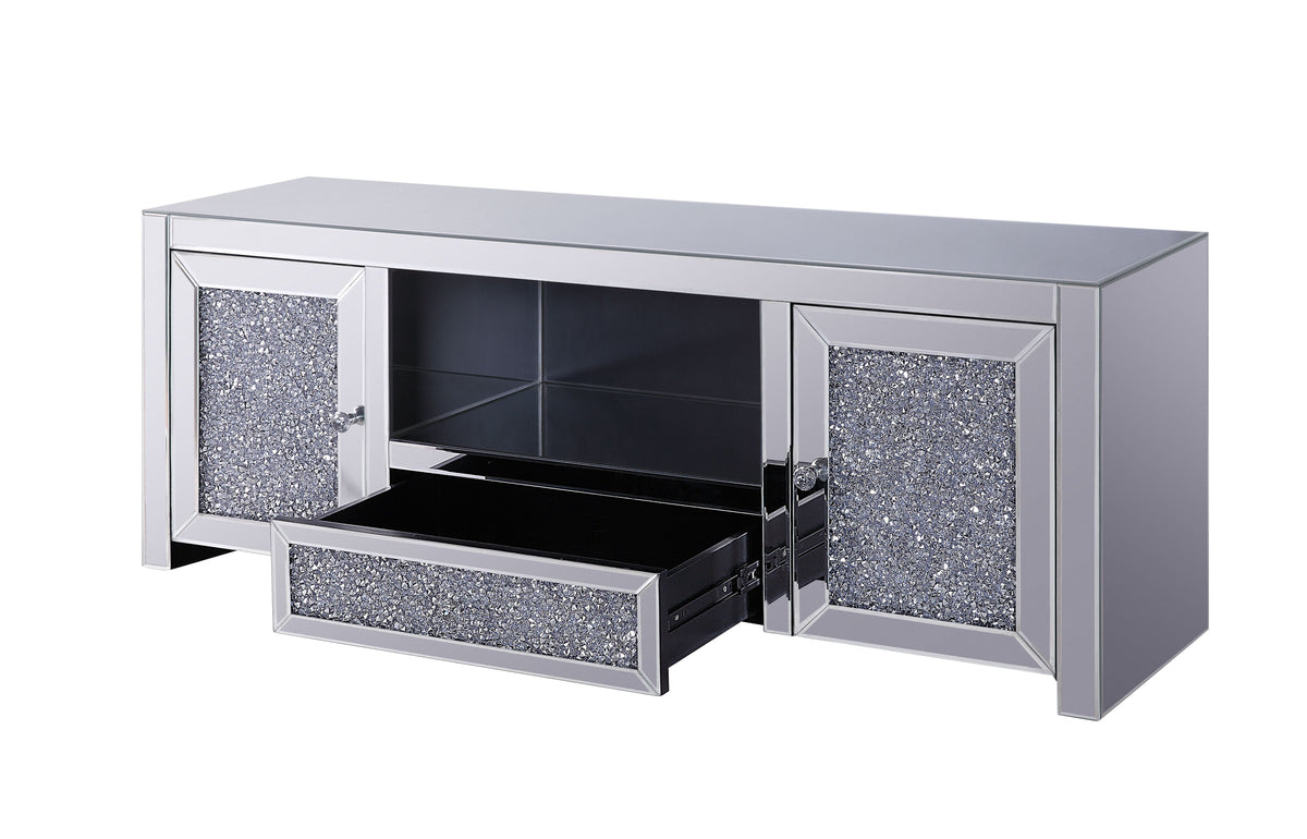 Mirrored TV Stand with Faux Diamonds and Storage - Silver