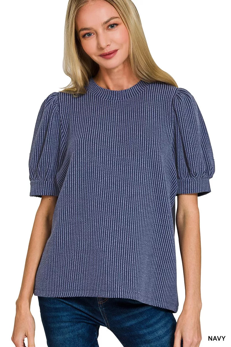 Zenana Raised Rib Puff Sleeve Top