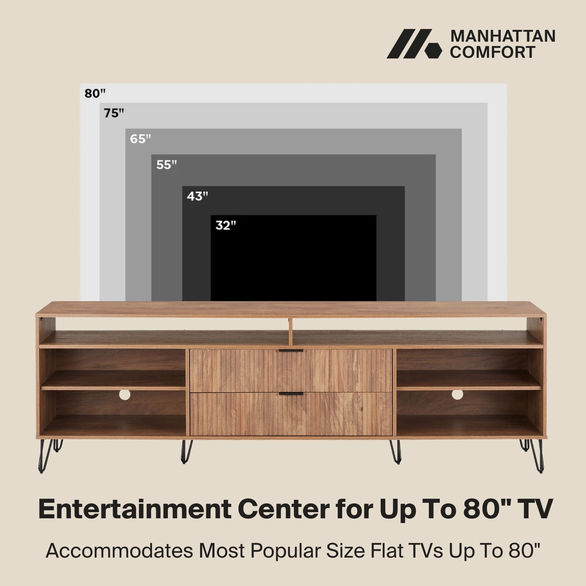 Fluted TV Stand with Storage and Metal Legs - Multiple Colors