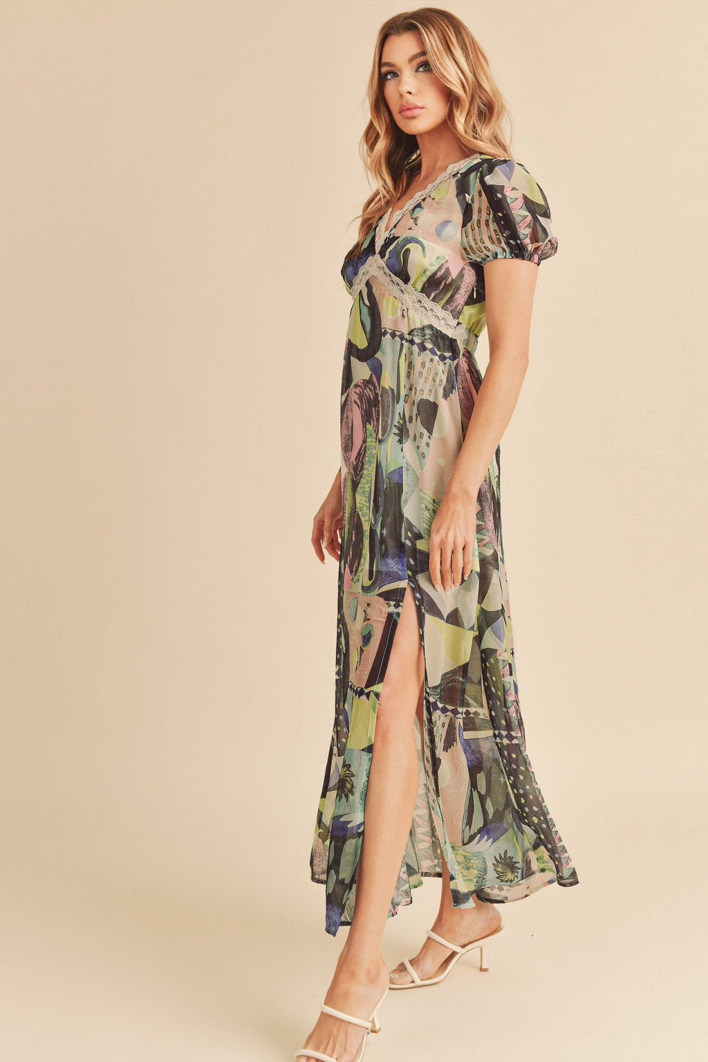 Lace Detail Slit Geometric Print Short Sleeve Maxi Comfortable Dress For Women, Elegant Lace, Alluring Slit, Sophisticated Geometric Print for Casual & Dressy Occasions