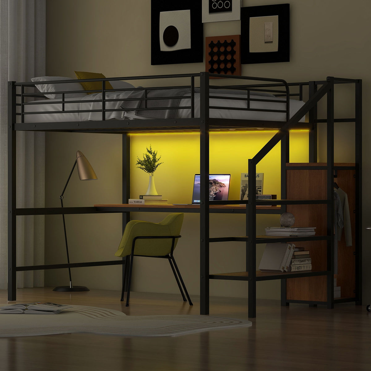 Full Size Loft Bed with Desk, Storage Staircase & Wardrobe - Black or White