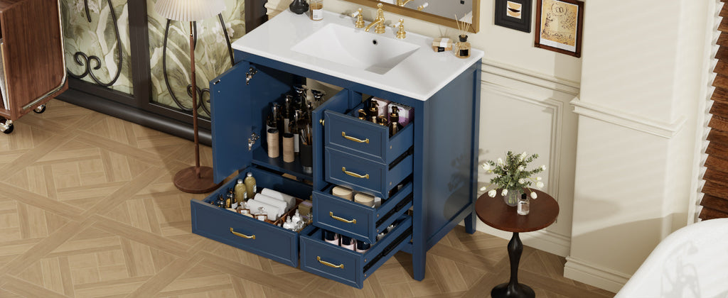 36" Bathroom Vanity with Ceramic Sink and Multi-Tier Storage - Blue, Black, or Grey