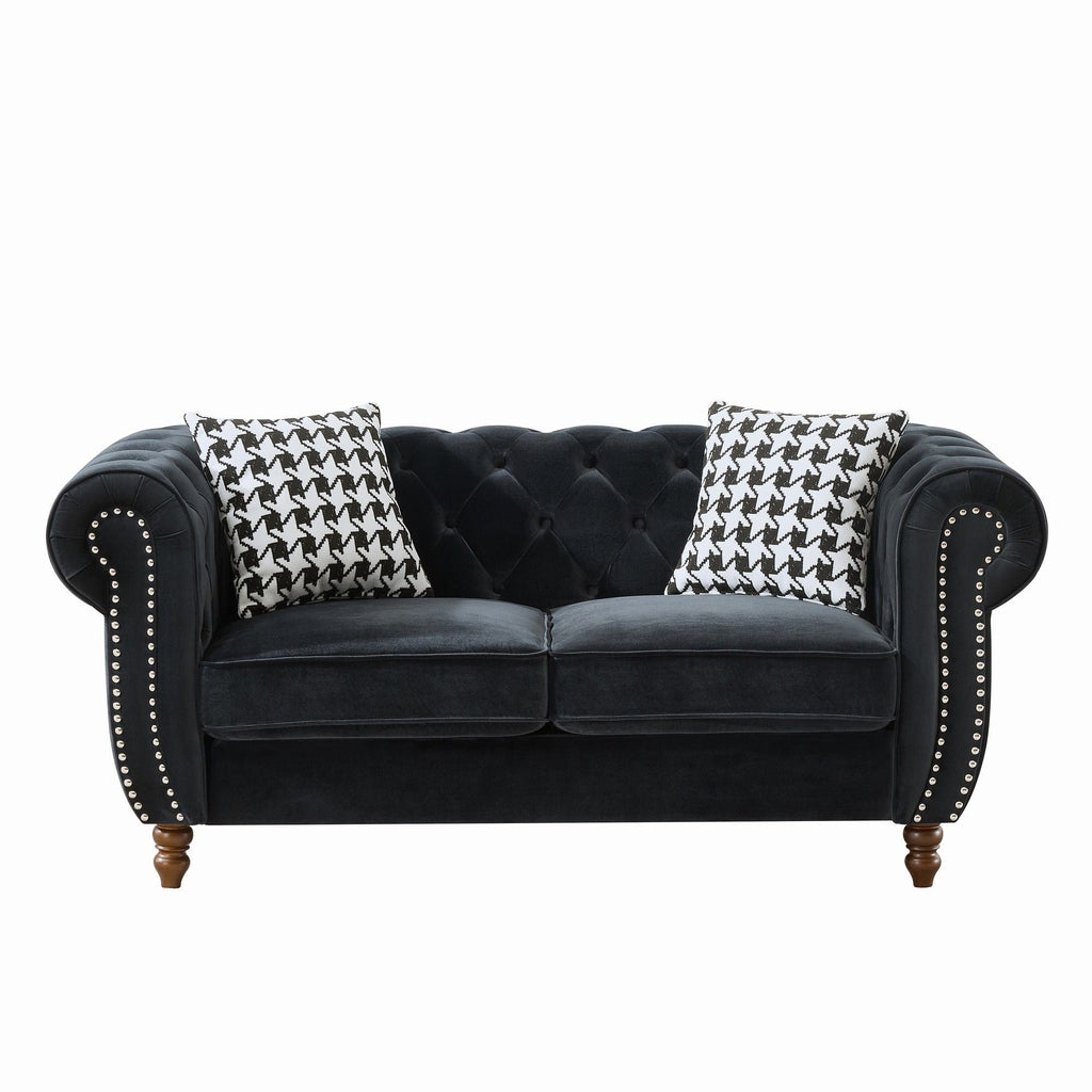 Chesterfield 3 And 2 Seater Upholstery Sofa with Roll Armrest & Nailhead Fabric Couch - Black