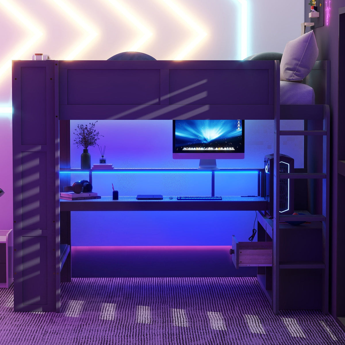 Wood Full Size Gaming Loft Bed with Desk, Multi-storage Shelves, LED and Charging Station