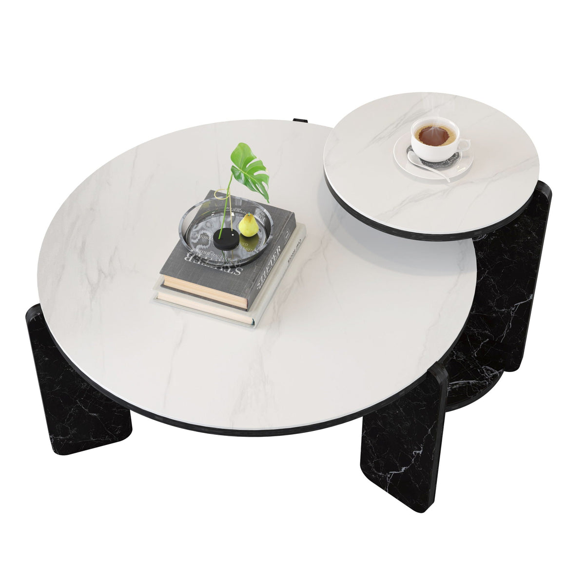Round Coffee & End Table Set with Faux Marble & Wood Top - White, Black, or Dark Brown