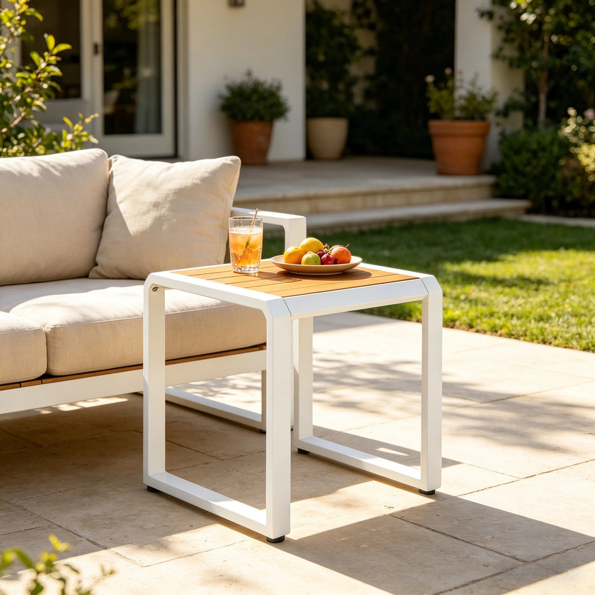 Outdoor Side Table with Teak Wood Top – Acacia & Iron Frame