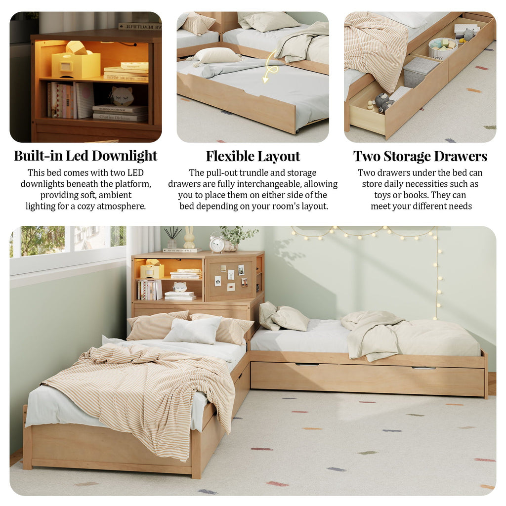 L-Shaped Bed Frame with Trundle, Desk & LED Lighting - Twin