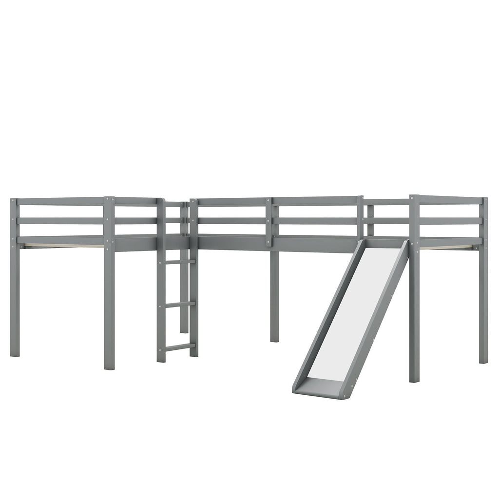 L Shaped Loft Bed with Slide and Ladder - Twin Size, Solid Wood - White or Dark Gray